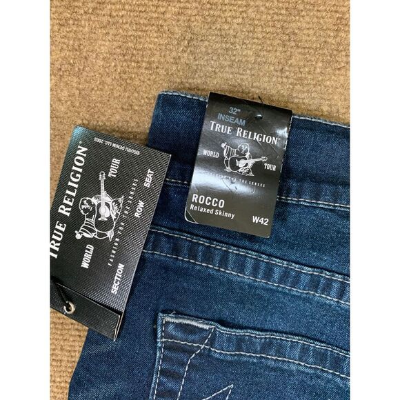 True Religion Rocco Jeans Mens 42x32 Relaxed No Flap Whiskers Blue Denim - Picture 11 of 13